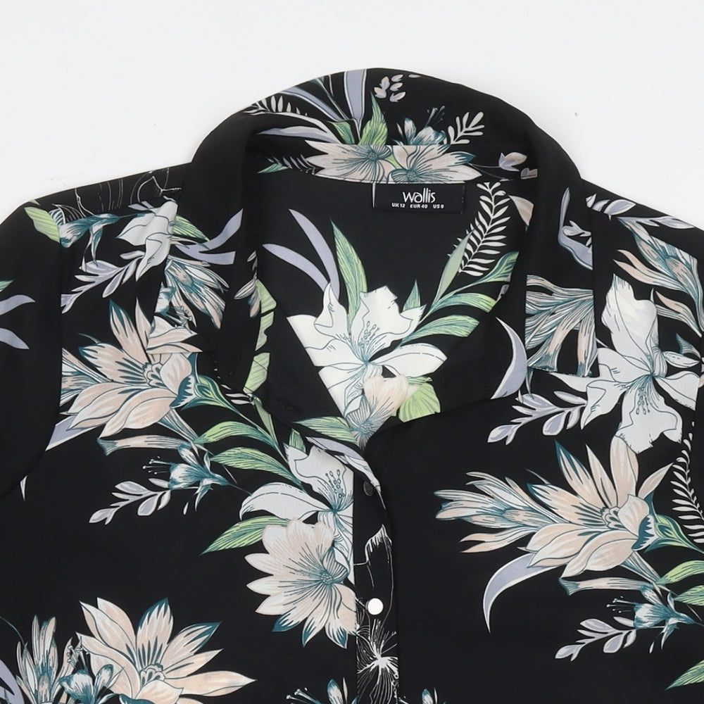 Wallis Womens Black Floral Polyester Basic Button-Up Size 12 Round Neck