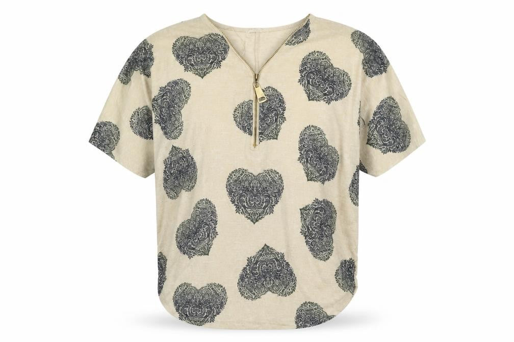 Apricot Womens Beige Geometric Polyester Basic T-Shirt Size S V-Neck - Hearts Size S/M