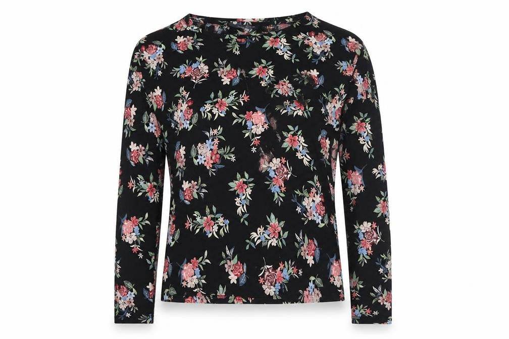 Marks & Spencer Womens Black Floral Viscose Basic Blouse Size 8 Round Neck