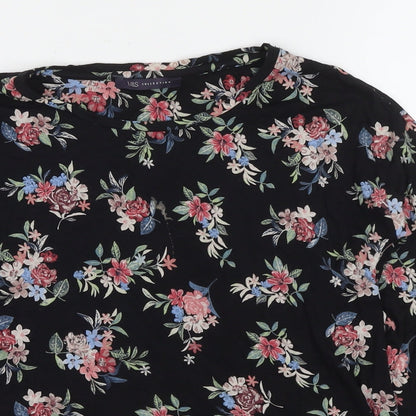 Marks & Spencer Womens Black Floral Viscose Basic Blouse Size 8 Round Neck