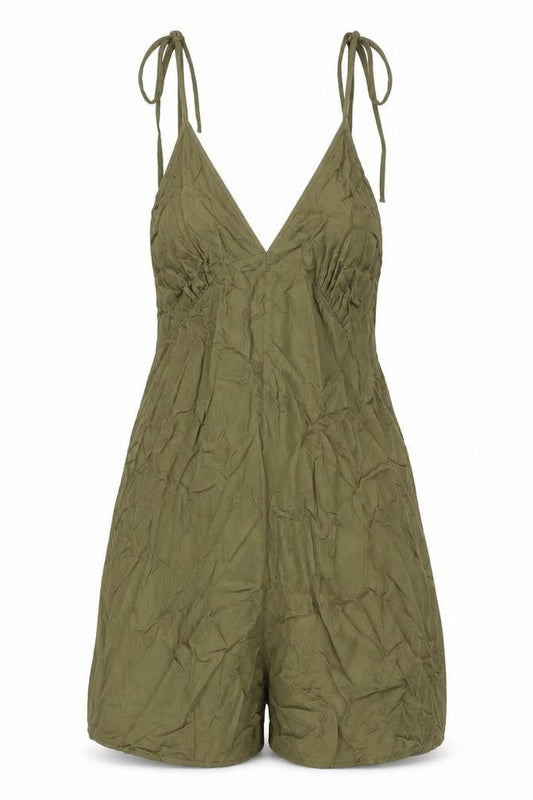 Front view of ASOS women’s green viscose playsuit one-piece, size UK 8, 3-inch leg pullover