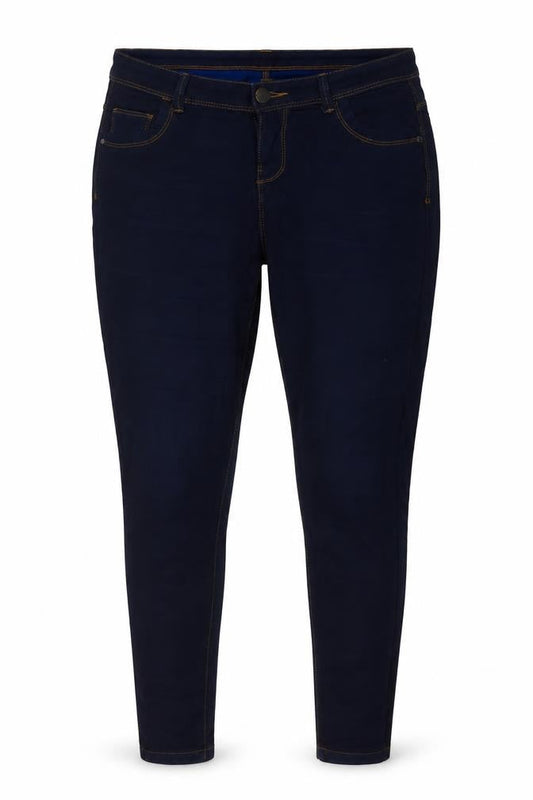 Front view of Denim & Co. women’s blue cotton skinny jeans, size UK 12, 26-inch leg regular button