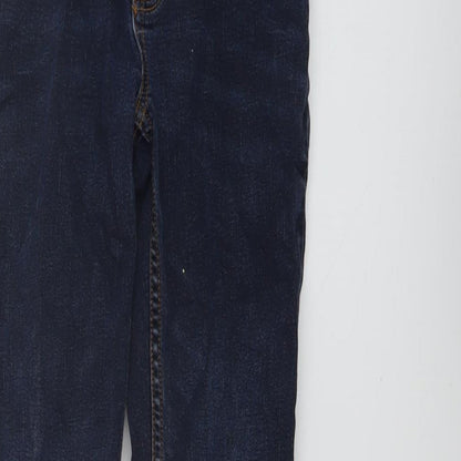 Close-up detail of Tu boys’ blue cotton straight jeans, size 9, months regular button