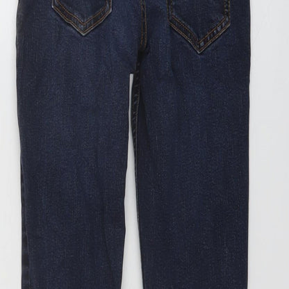 Brand and care label for Tu boys’ blue cotton straight jeans, size 9, months regular button