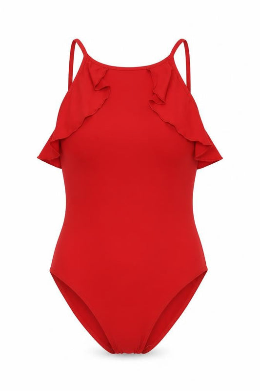 Front view of Miss Selfridge women’s red polyester bodysuit one-piece, size UK 10, snap