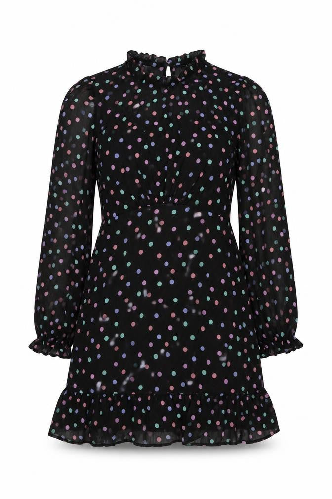 New Look Womens Black Polka Dot Polyester A-Line Size 14 Mock Neck Button
