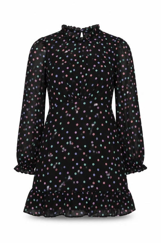 New Look Womens Black Polka Dot Polyester A-Line Size 14 Mock Neck Button