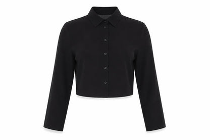Front view of ASOS women’s black polyester cropped button-up, size UK 10, collared
