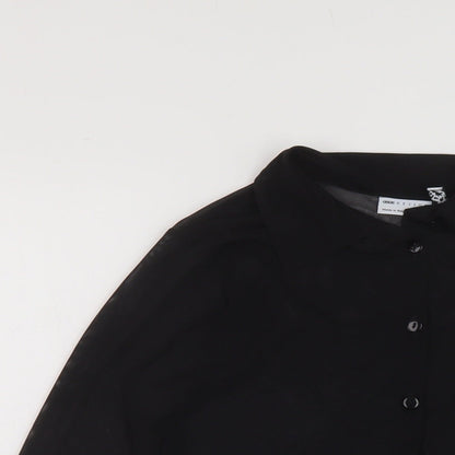 Close-up detail of ASOS women’s black polyester cropped button-up, size UK 10, collared