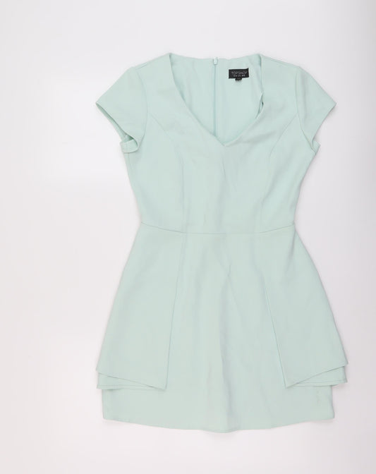 Topshop Womens Green Polyester Mini Size 10 V-Neck Zip