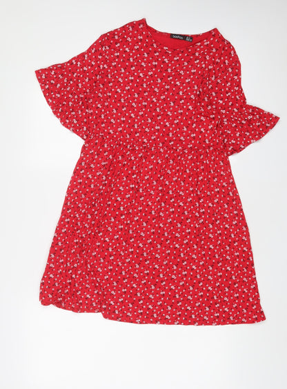 Boohoo Womens Red Floral Viscose A-Line Size 8 Collared Pullover