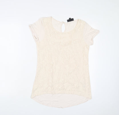 Warehouse Womens Beige Viscose Basic T-Shirt Size 10 Crew Neck - Embroidered