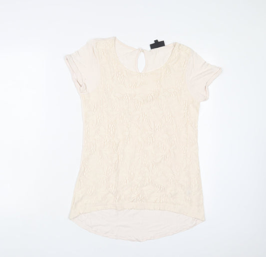 Warehouse Womens Beige Viscose Basic T-Shirt Size 10 Crew Neck - Embroidered