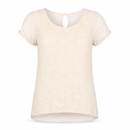 Warehouse Womens Beige Viscose Basic T-Shirt Size 10 Crew Neck - Embroidered