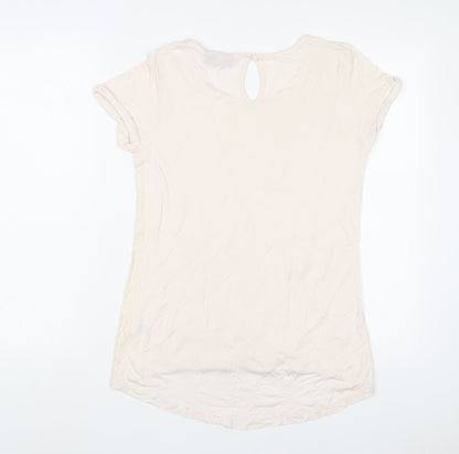 Warehouse Womens Beige Viscose Basic T-Shirt Size 10 Crew Neck - Embroidered