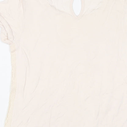 Warehouse Womens Beige Viscose Basic T-Shirt Size 10 Crew Neck - Embroidered