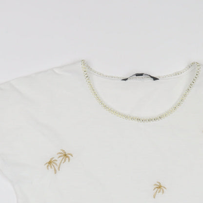Bonmarché Womens White Polyester Basic T-Shirt Size 10 Crew Neck - Embroidered