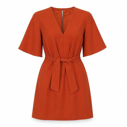 Front view of Miss Selfridge women’s orange polyester a-line, size UK 4, v-neck button