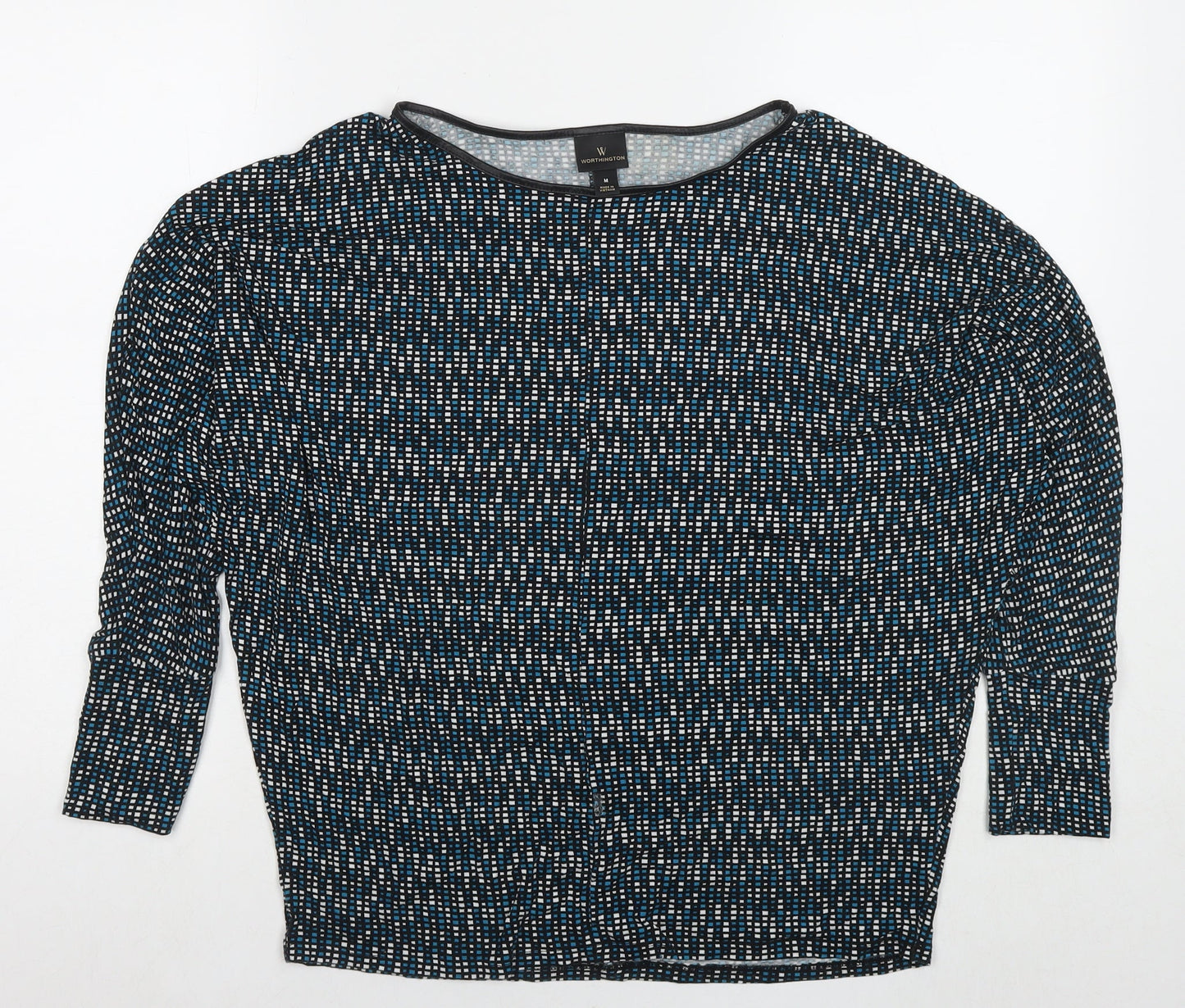 Worthington Industries Womens Blue Geometric Viscose Basic Blouse Size M Round Neck