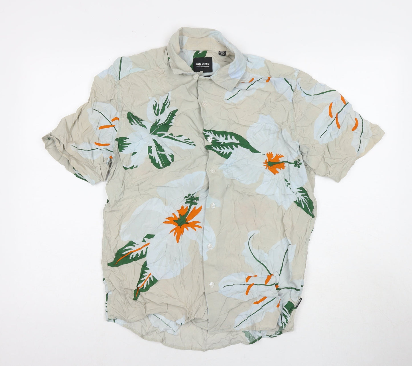 ONLY & SONS Mens Multicoloured Floral Viscose Button-Up Size M Collared Button