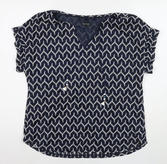 Pilar Prieto Womens Black Geometric Polyester Basic T-Shirt Size L Round Neck
