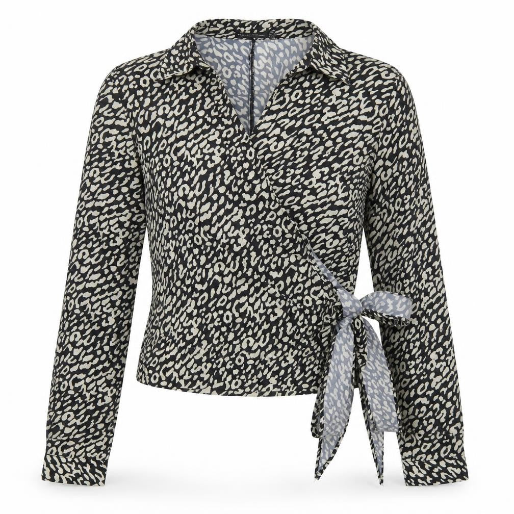 PRETTYLITTLETHING Womens Black Animal Print Polyester Wrap Blouse Size 10 Collared - Leopard Print