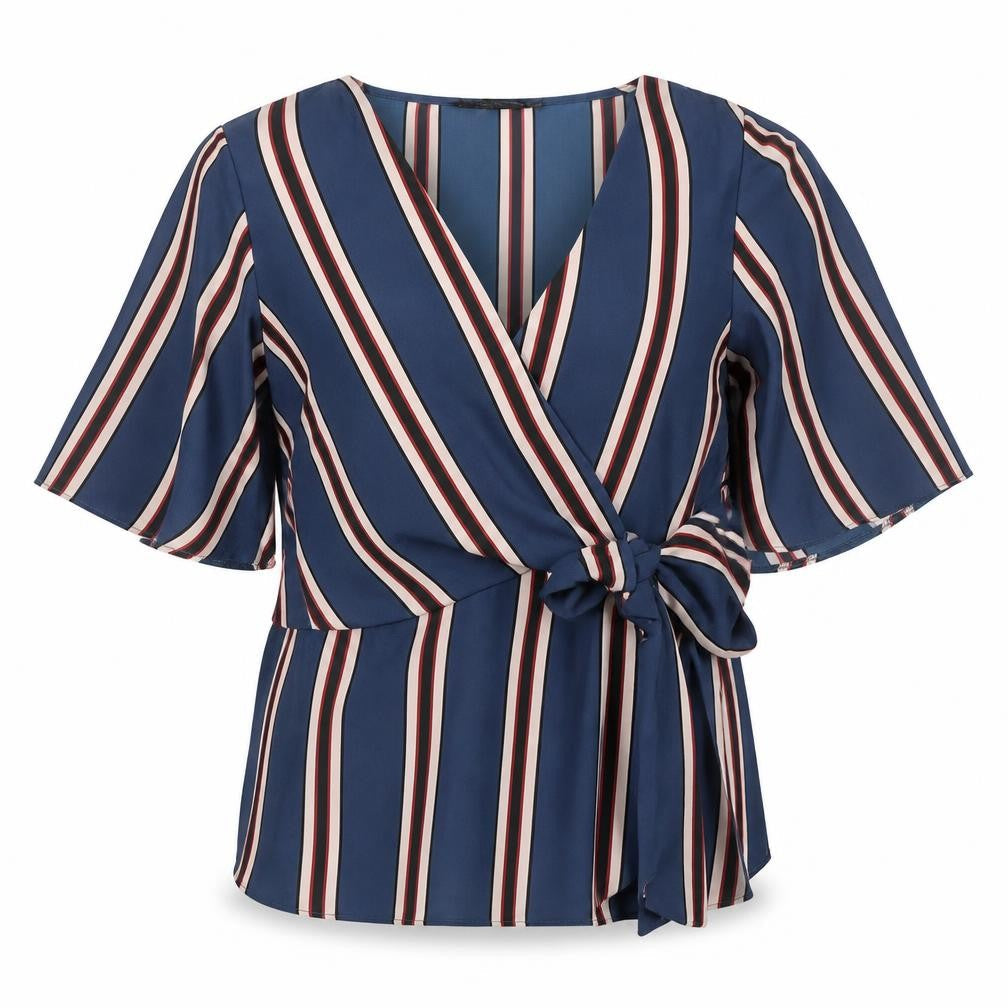 Dorothy Perkins Womens Green Striped Polyester Basic Blouse Size 12 V-Neck - Knot Front