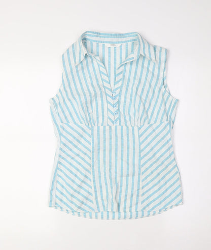 Marks & Spencer Womens Green Striped Cotton Basic Button-Up Size 8 Collared