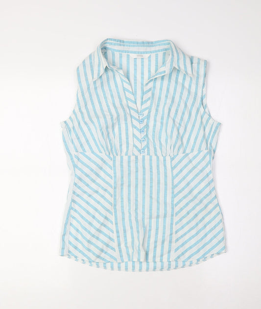 Marks and Spencer Womens Green Striped Cotton Basic Button-Up Size 8 Collared