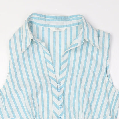 Marks & Spencer Womens Green Striped Cotton Basic Button-Up Size 8 Collared