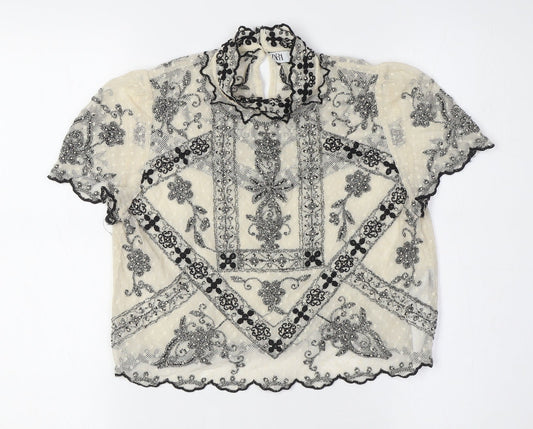 Zara Womens Ivory Polyester Cropped Button-Up Size S Mock Neck - Lace