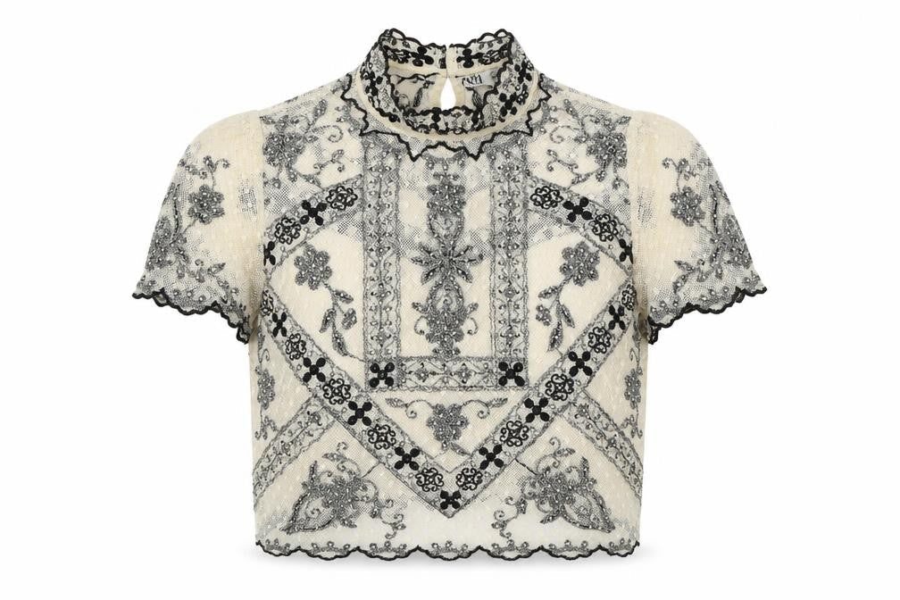 Zara Womens Ivory Polyester Cropped Button-Up Size S Mock Neck - Lace