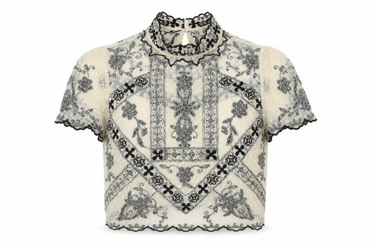 Zara Womens Ivory Polyester Cropped Button-Up Size S Mock Neck - Lace