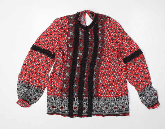 River Island Womens Red Viscose Basic Button-Up Size 12 Mock Neck