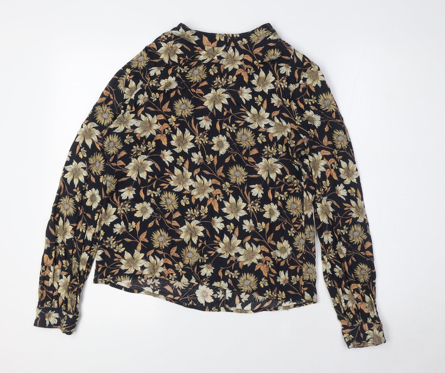 Warehouse Womens Blue Floral Viscose Basic Button-Up Size 10 Mock Neck