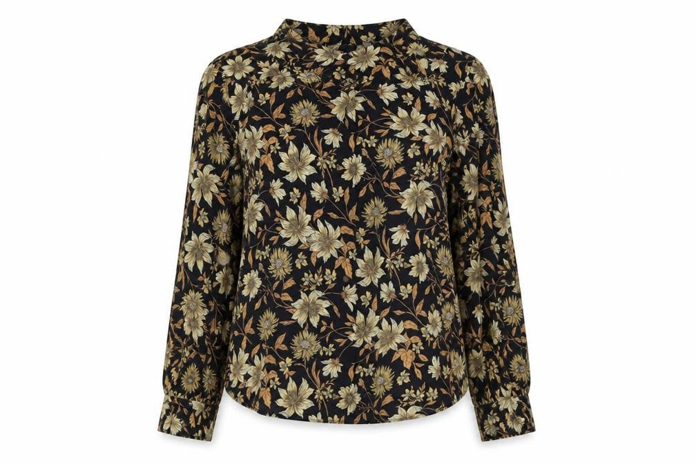 Warehouse Womens Blue Floral Viscose Basic Button-Up Size 10 Mock Neck