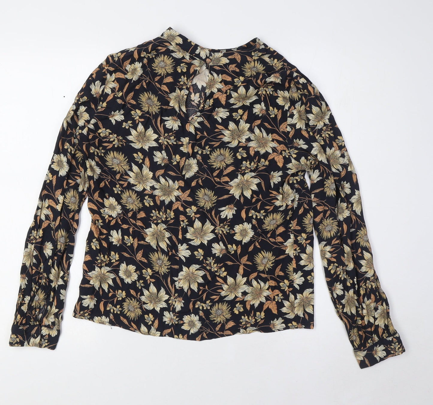Warehouse Womens Blue Floral Viscose Basic Button-Up Size 10 Mock Neck