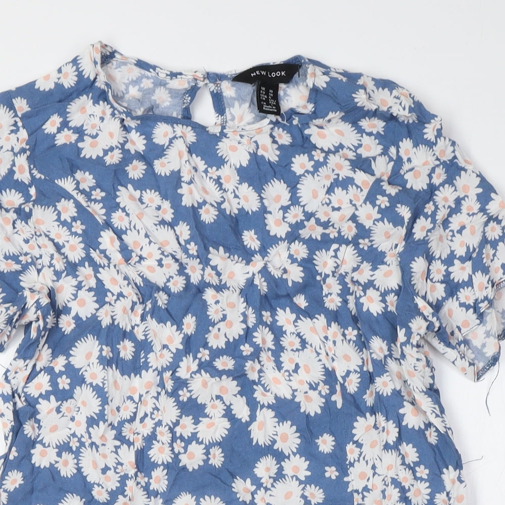 New Look Womens Blue Floral Viscose A-Line Size 10 Round Neck Button