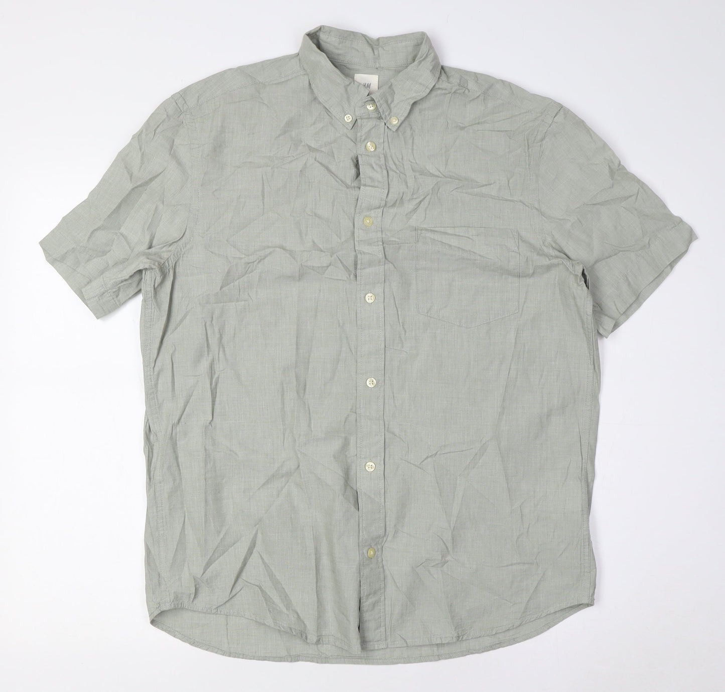 H&M Mens Green Cotton Button-Up Size M Collared Button - Button Down Collar