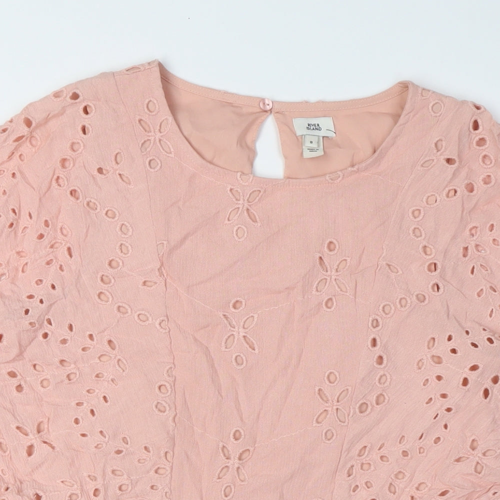 River Island Womens Pink Viscose Basic Blouse Size 8 Scoop Neck - Broderie Anglaise