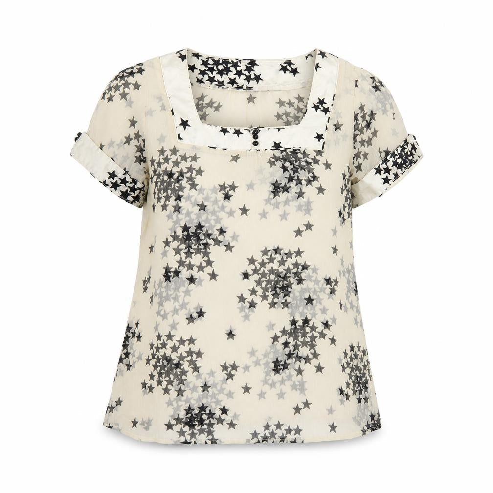 New Look Womens Ivory Geometric Polyester Basic T-Shirt Size 14 Square Neck