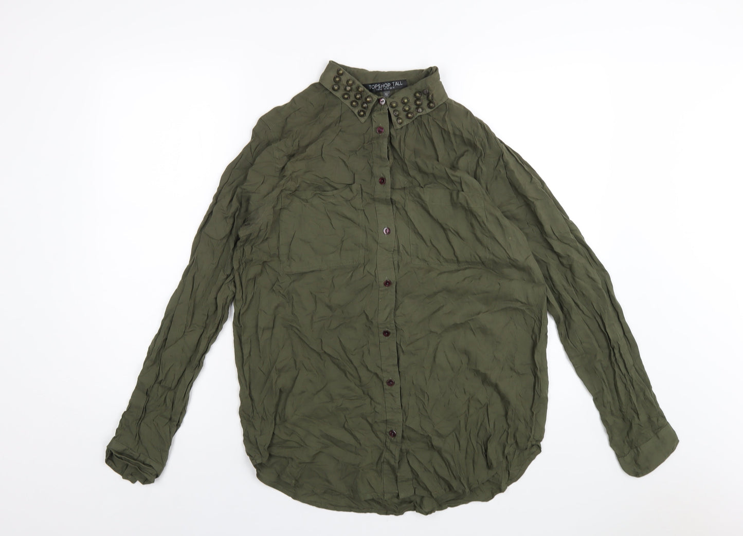 Topshop Womens Green Viscose Basic Button-Up Size 14 Collared