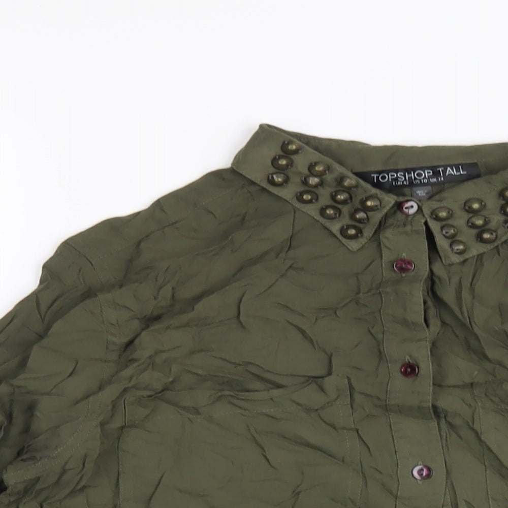 Topshop Womens Green Viscose Basic Button-Up Size 14 Collared