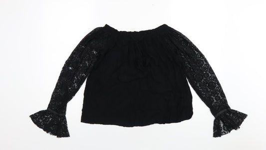 Marks and Spencer Womens Black Viscose Basic T-Shirt Size 10 Boat Neck - Lace Sleeves