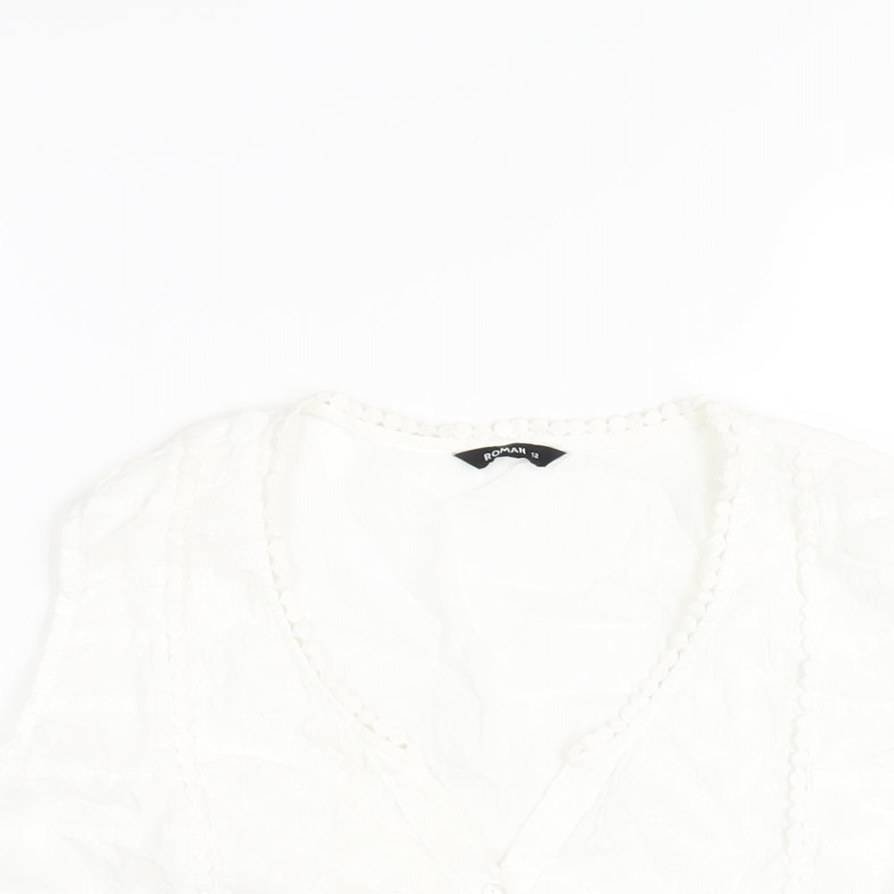 Roman Womens White Cotton Basic T-Shirt Size 12 V-Neck