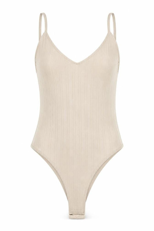 Front view of Missguided women’s beige polyester bodysuit one-piece, size UK 10, snap