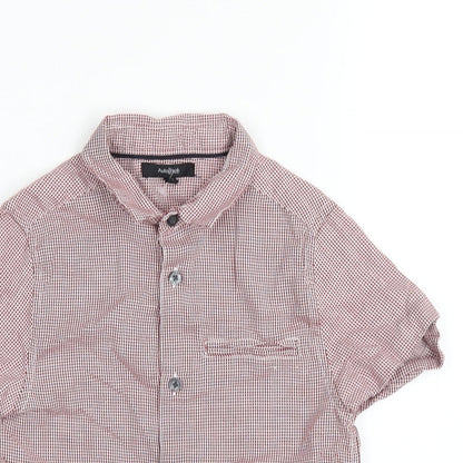 Close-up detail of Autograph boys’ red check cotton basic button-up, size 7-8, years collared button
