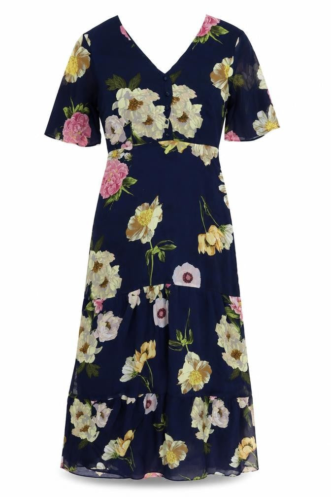 Warehouse Womens Blue Floral Polyester A-Line Size 10 V-Neck Zip