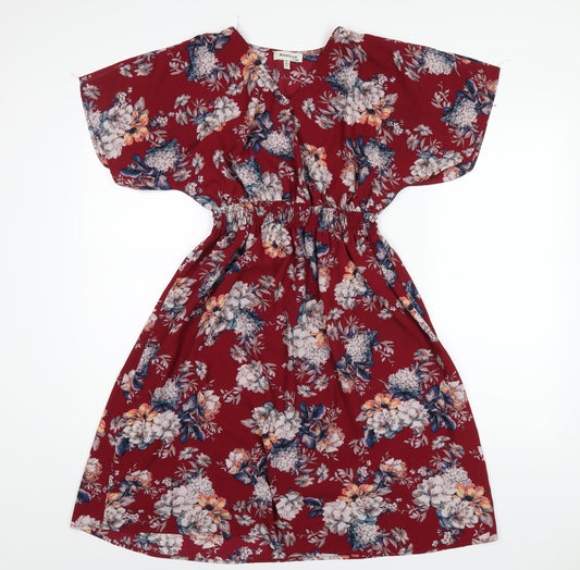 Monteau Womens Red Floral Polyester A-Line Size L Round Neck Pullover