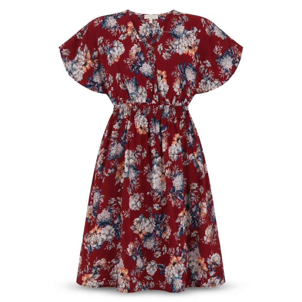 Monteau Womens Red Floral Polyester A-Line Size L Round Neck Pullover